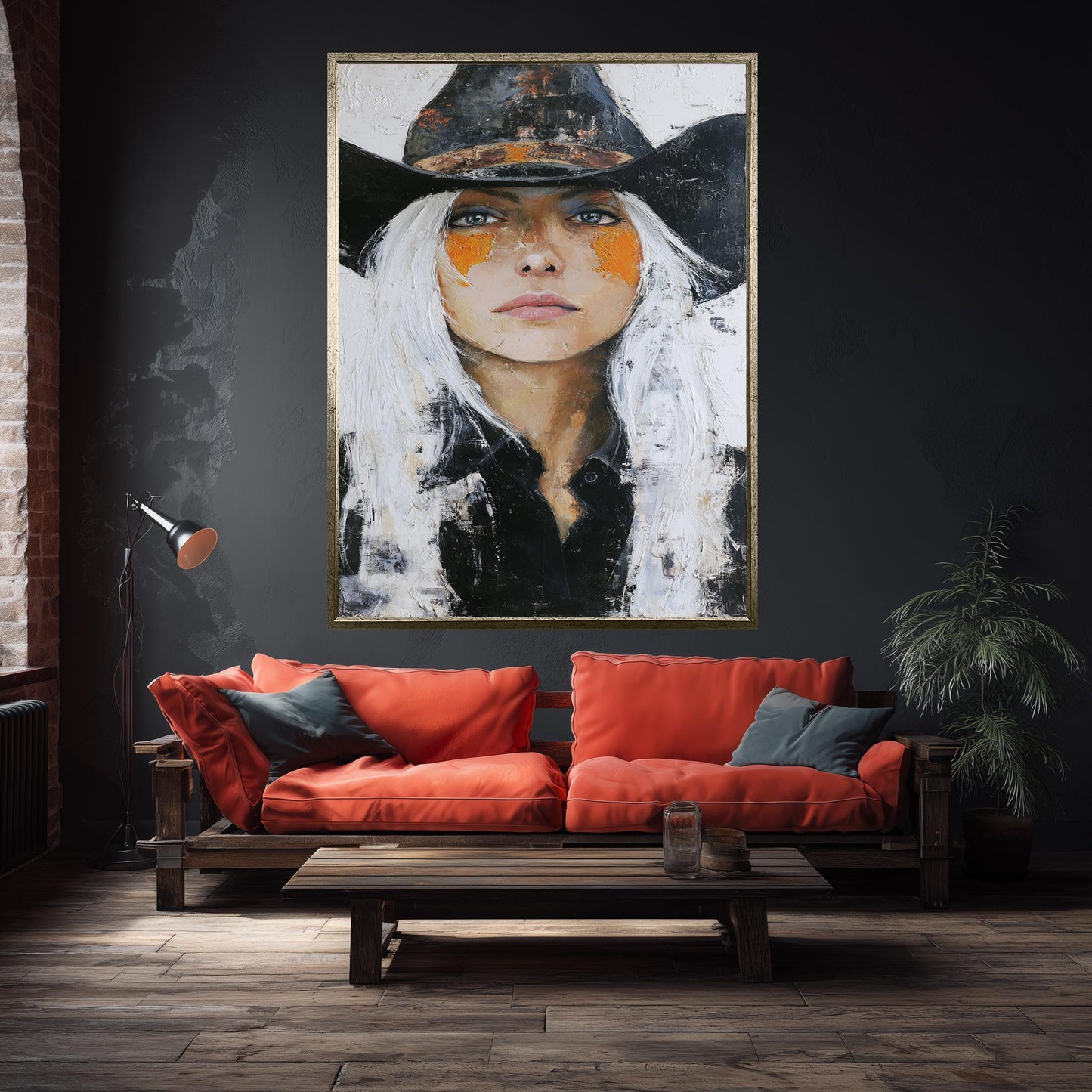 Cowgirl Portrait Abstract Oil Painting | Bold Western Woman Wall Art with White Hair & Black Hat | Textured Canvas Rustic Home Decor
