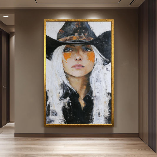 Cowgirl Portrait Abstract Oil Painting | Bold Western Woman Wall Art with White Hair & Black Hat | Textured Canvas Rustic Home Decor