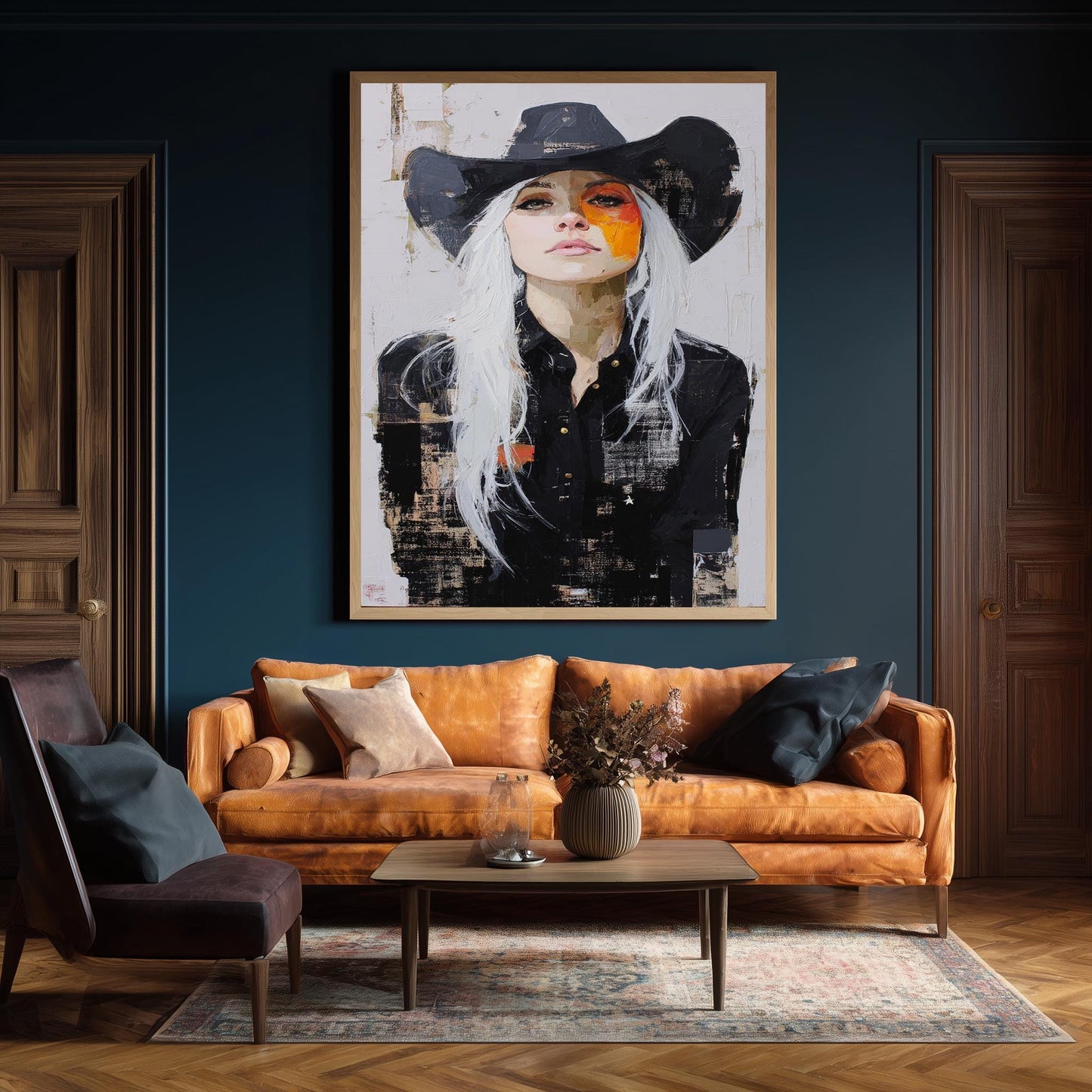 Abstract Cowgirl Oil Painting on Canvas | Modern Western Woman Portrait Art with White Hair & Black Hat | Bold Rustic Wall Decor Print