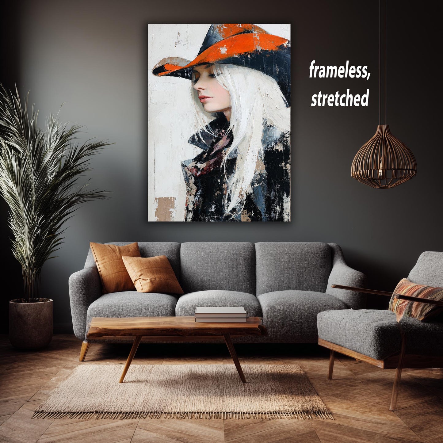 Abstract Oil Painting of Western Cowgirl | Elegant Woman with White Hair in Orange Cowboy Hat | Rustic Modern Wall Art on Canvas Woman Art