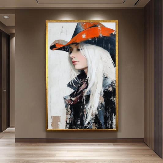 Abstract Oil Painting of Western Cowgirl | Elegant Woman with White Hair in Orange Cowboy Hat | Rustic Modern Wall Art on Canvas Woman Art