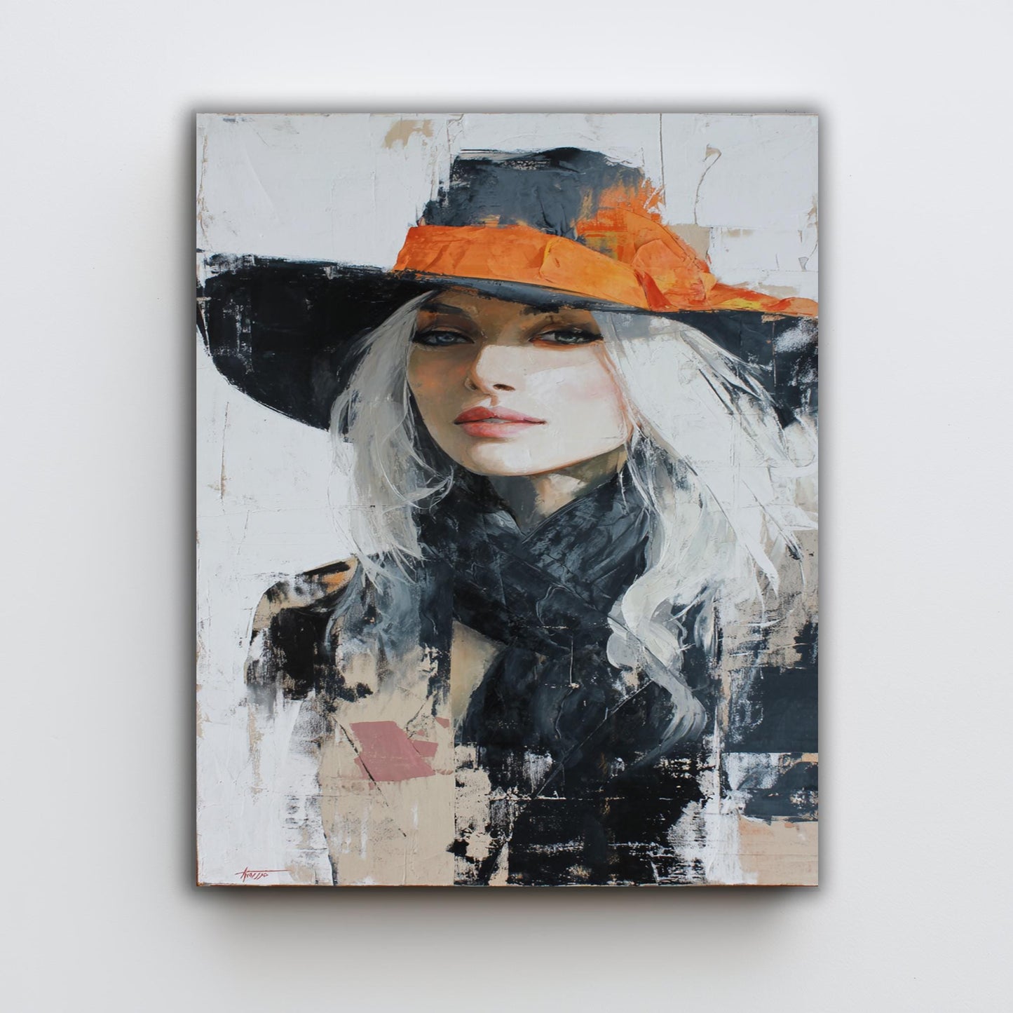 Western Woman Abstract Oil Painting | Elegant Cowgirl with Long White Hair in Orange Hat | Modern Rustic Wall Art for Home Decor  Woman Art