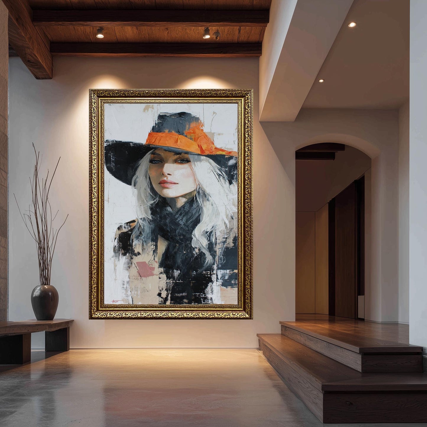 Western Woman Abstract Oil Painting | Elegant Cowgirl with Long White Hair in Orange Hat | Modern Rustic Wall Art for Home Decor  Woman Art