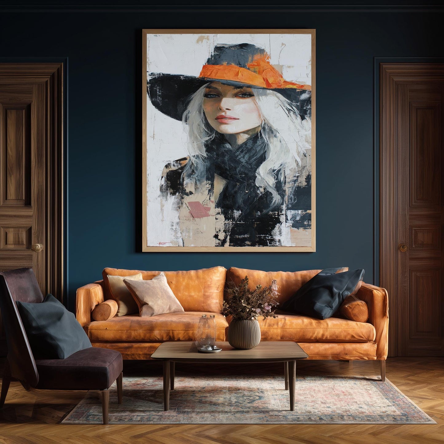 Western Woman Abstract Oil Painting | Elegant Cowgirl with Long White Hair in Orange Hat | Modern Rustic Wall Art for Home Decor  Woman Art