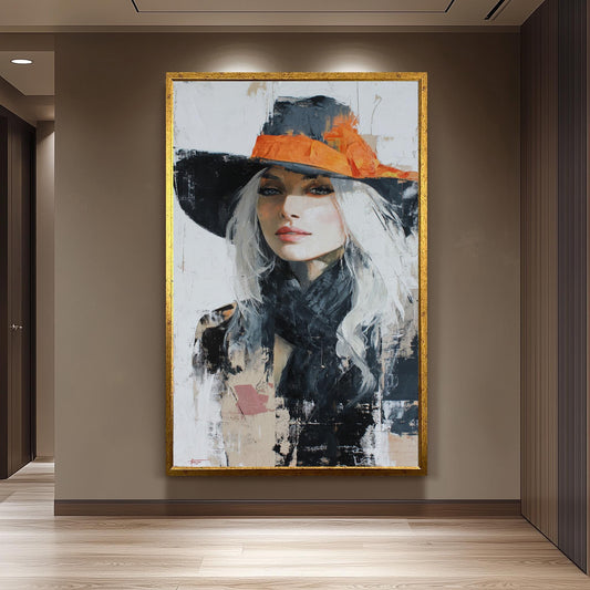 Western Woman Abstract Oil Painting | Elegant Cowgirl with Long White Hair in Orange Hat | Modern Rustic Wall Art for Home Decor  Woman Art