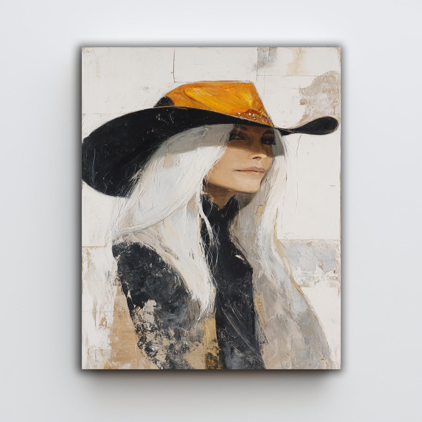 Western Woman Abstract Oil Painting | Cowgirl with Long White Hair in Orange and Black Hat | Rustic Textured Wall Art on Canvas Print