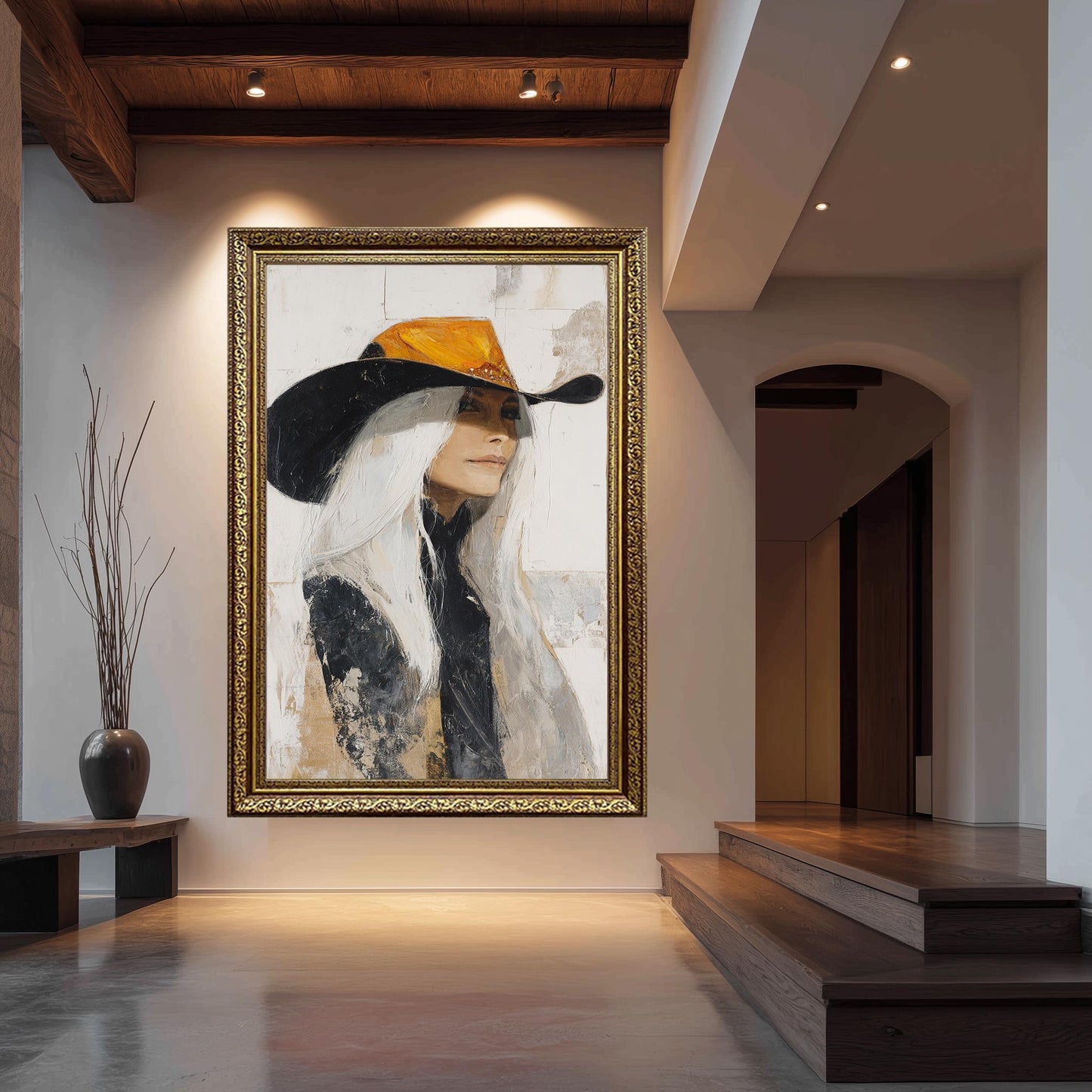 Western Woman Abstract Oil Painting | Cowgirl with Long White Hair in Orange and Black Hat | Rustic Textured Wall Art on Canvas Print