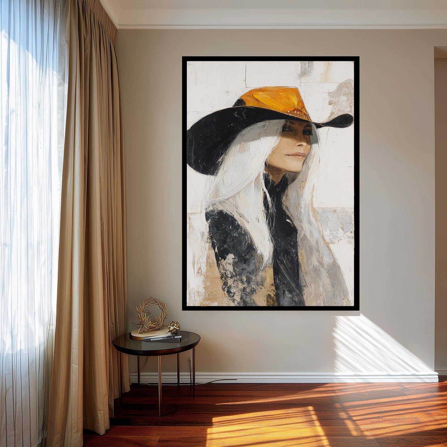Western Woman Abstract Oil Painting | Cowgirl with Long White Hair in Orange and Black Hat | Rustic Textured Wall Art on Canvas Print