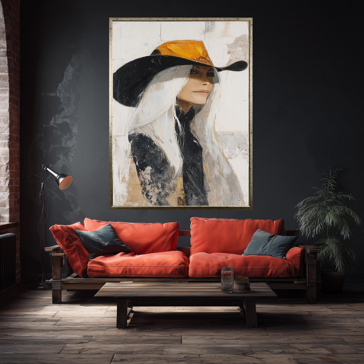 Western Woman Abstract Oil Painting | Cowgirl with Long White Hair in Orange and Black Hat | Rustic Textured Wall Art on Canvas Print