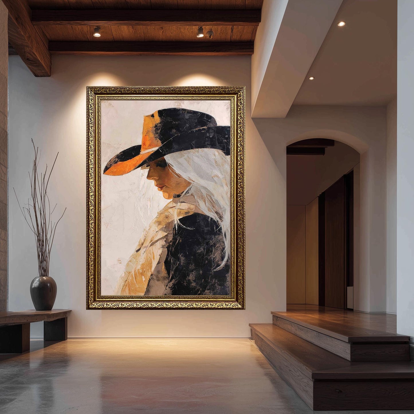 Abstract Western Cowgirl Oil Painting | Woman with Long White Hair in Black and Orange Hat | Rustic Textured Canvas Wall Art Print Woman Art