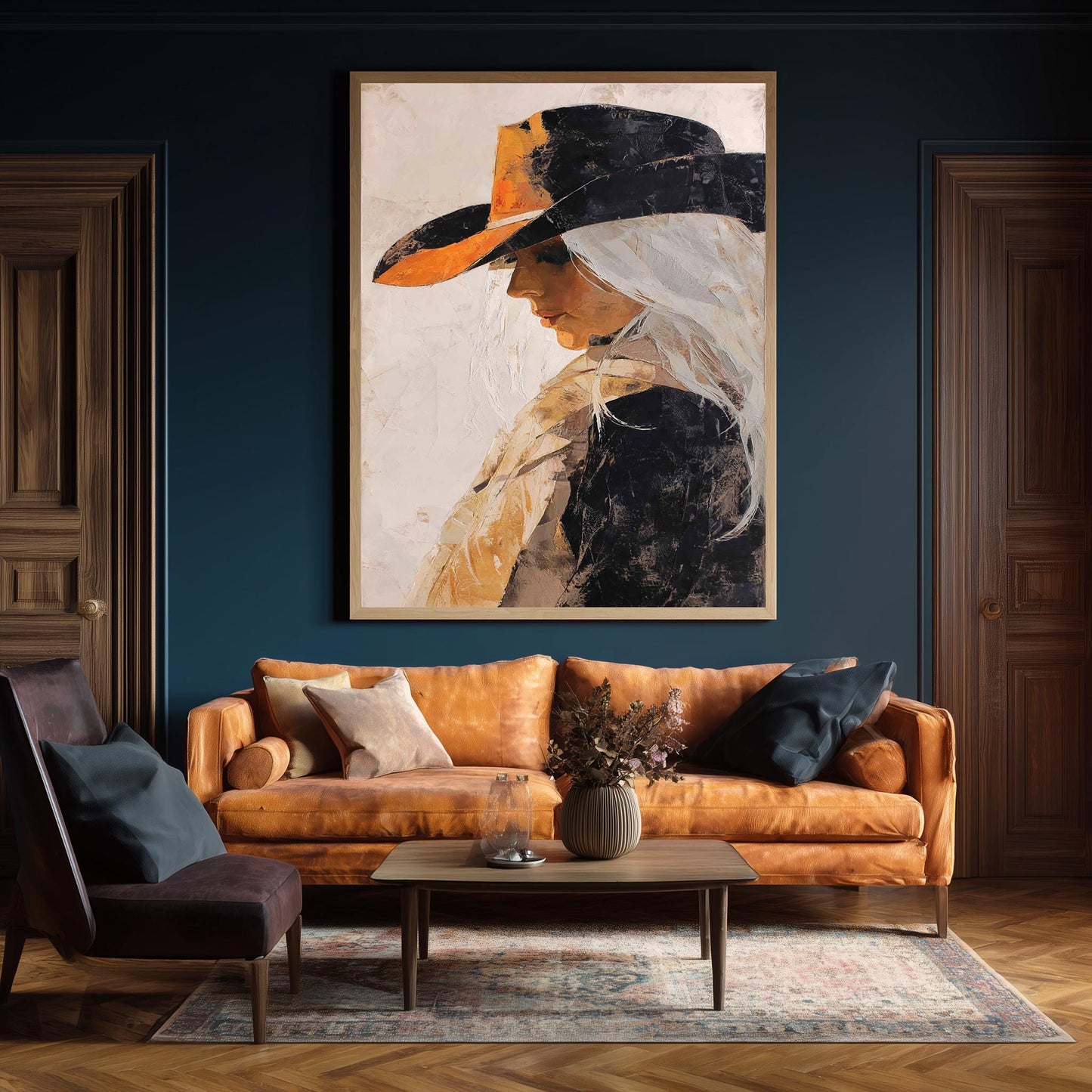Abstract Western Cowgirl Oil Painting | Woman with Long White Hair in Black and Orange Hat | Rustic Textured Canvas Wall Art Print Woman Art
