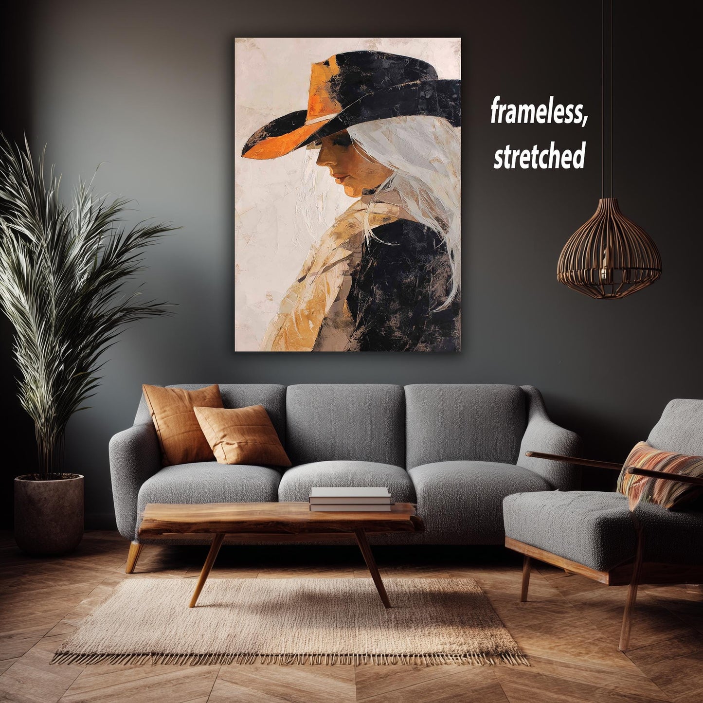 Abstract Western Cowgirl Oil Painting | Woman with Long White Hair in Black and Orange Hat | Rustic Textured Canvas Wall Art Print Woman Art