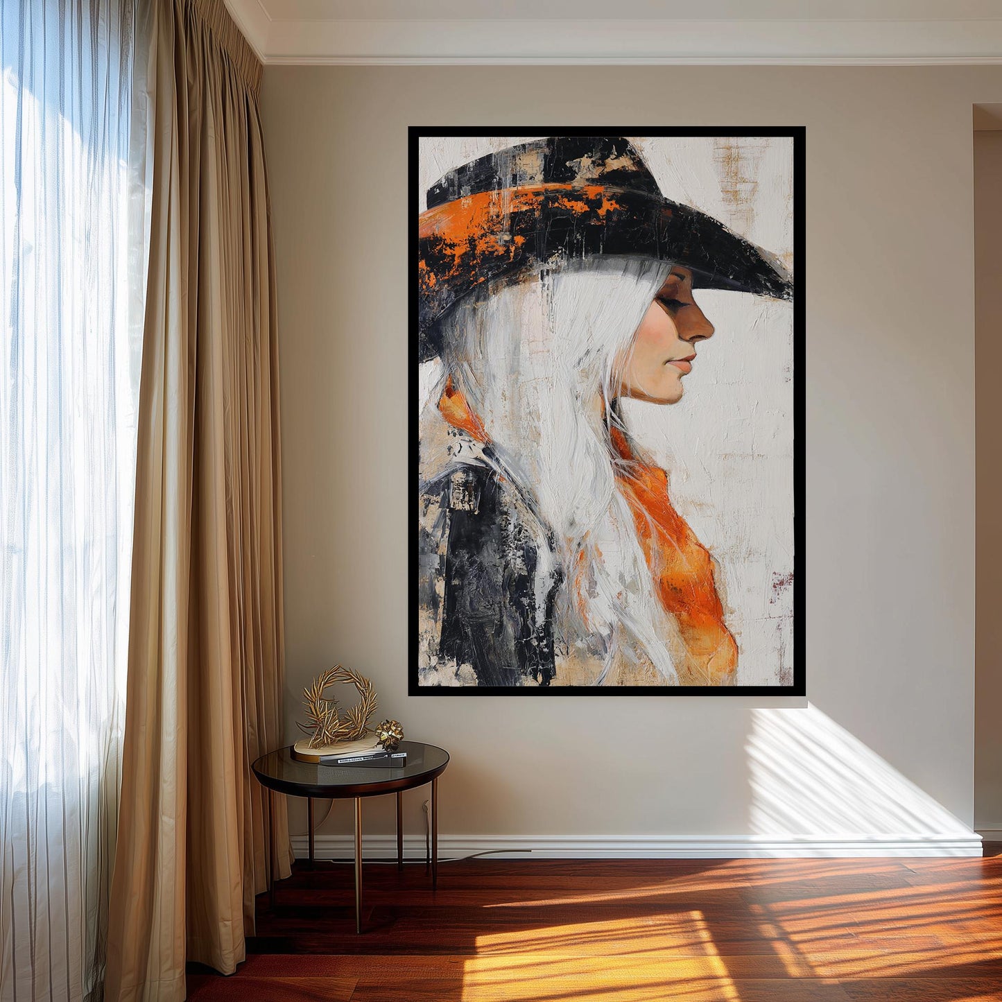 Abstract Cowgirl Oil Painting on Canvas | Western Woman with Long White Hair and Orange Scarf in Black Hat | Rustic Wall Art for Home