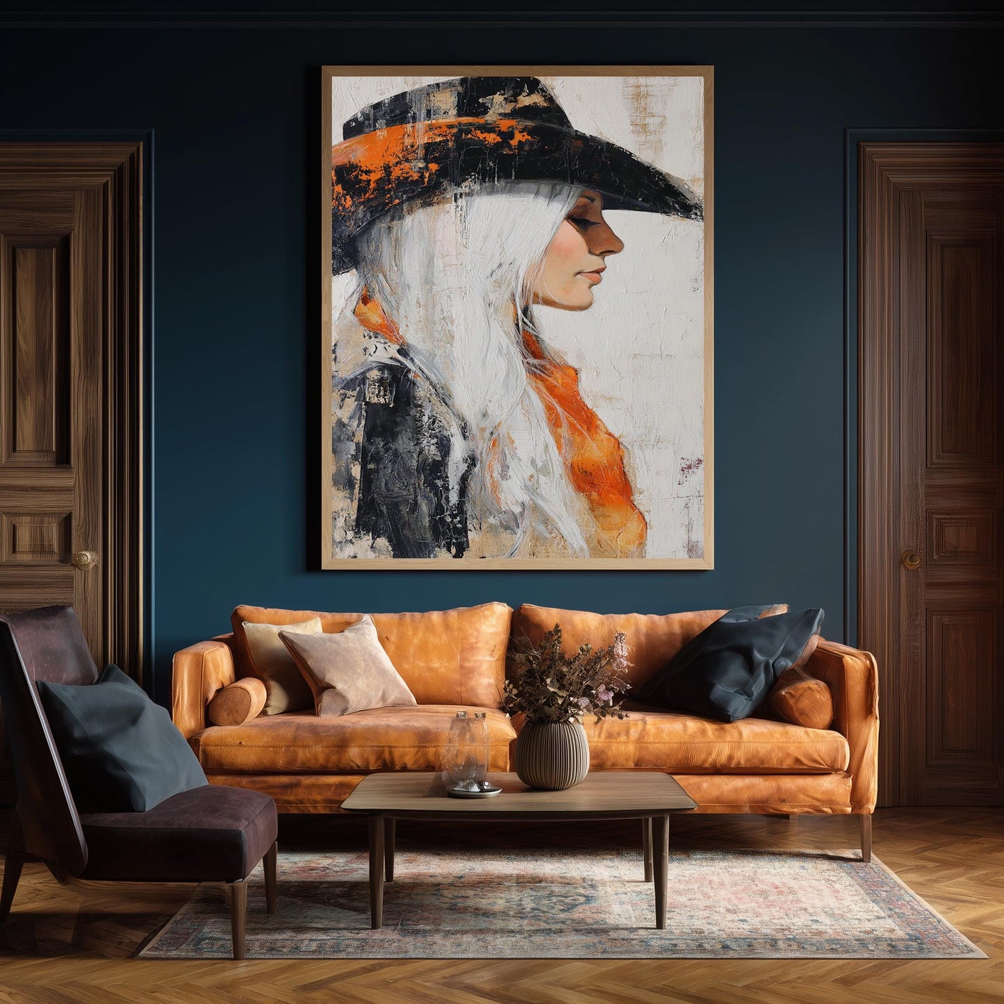 Abstract Cowgirl Oil Painting on Canvas | Western Woman with Long White Hair and Orange Scarf in Black Hat | Rustic Wall Art for Home