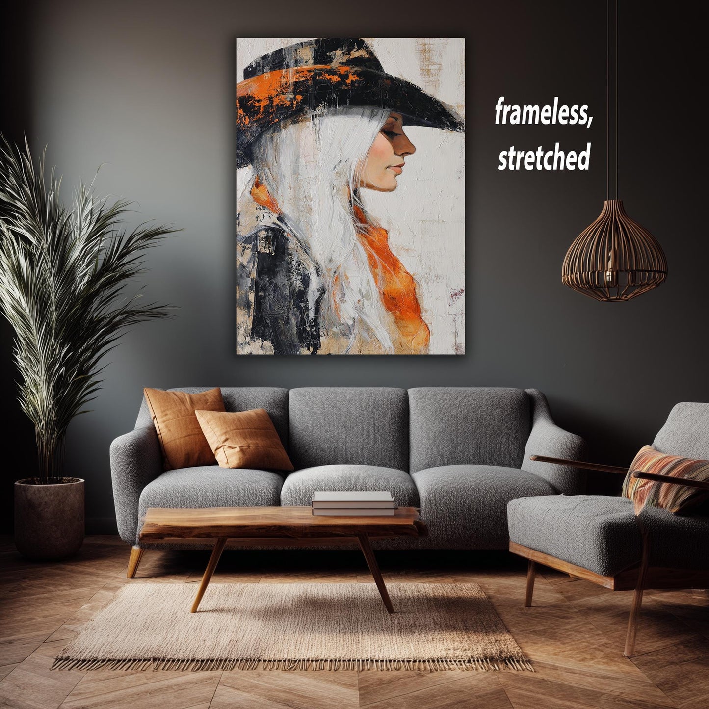 Abstract Cowgirl Oil Painting on Canvas | Western Woman with Long White Hair and Orange Scarf in Black Hat | Rustic Wall Art for Home