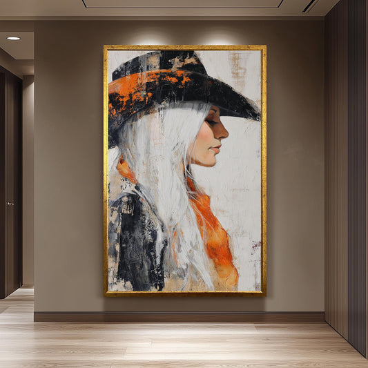 Abstract Cowgirl Oil Painting on Canvas | Western Woman with Long White Hair and Orange Scarf in Black Hat | Rustic Wall Art for Home