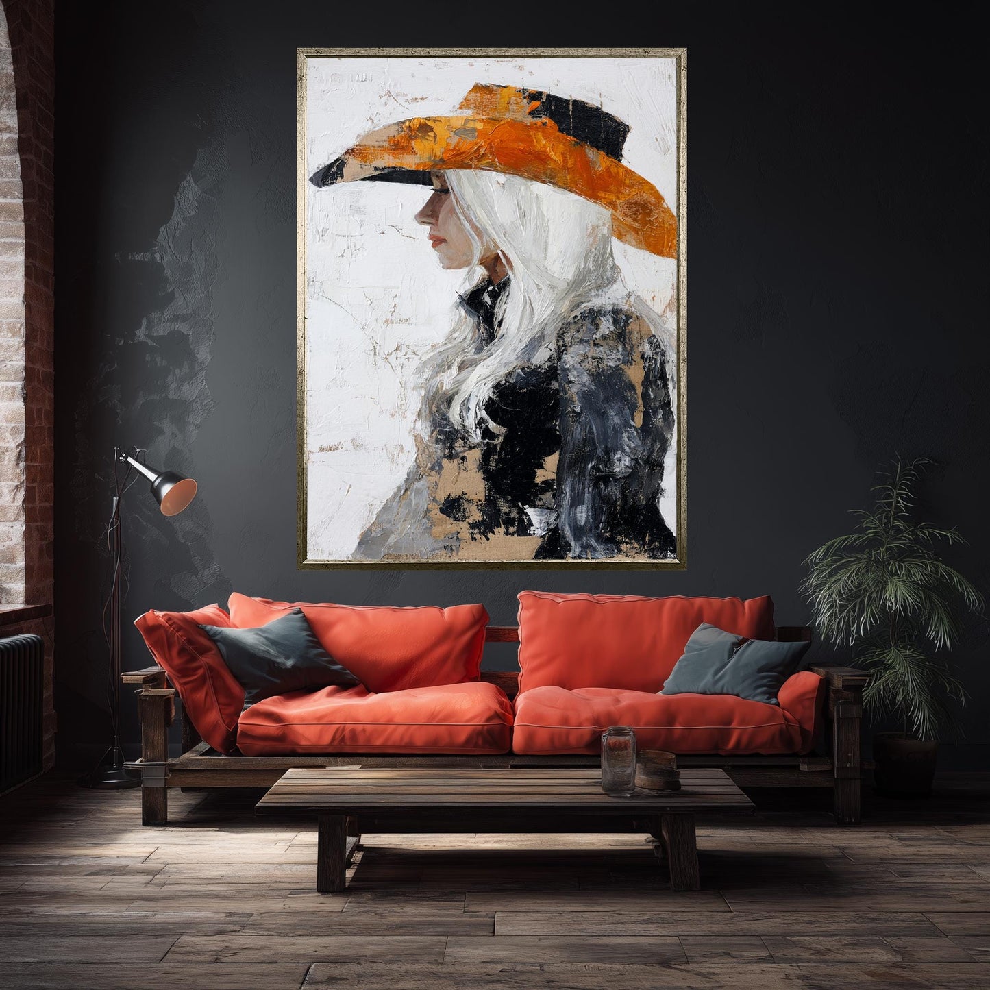 Abstract Western Woman Oil Painting | Cowgirl with Long White Hair in Textured Orange and Black Hat | Rustic Canvas Art Wall Decor Woman Art