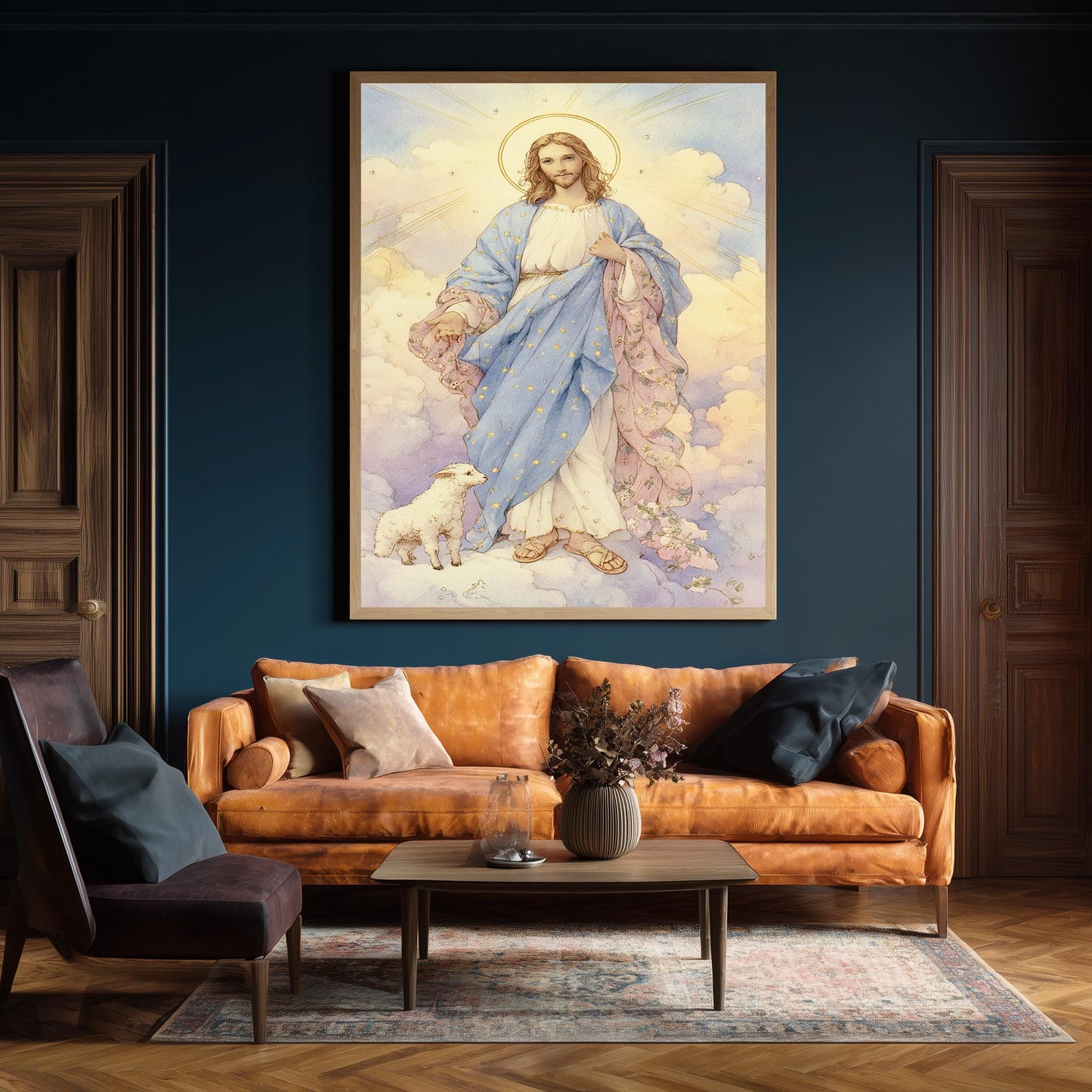 Whimsical Jesus Christ Illustration with Lamb in Pastel Clouds, Christian Storybook Style Print, Gentle Spiritual Wall Art for Nursery Room