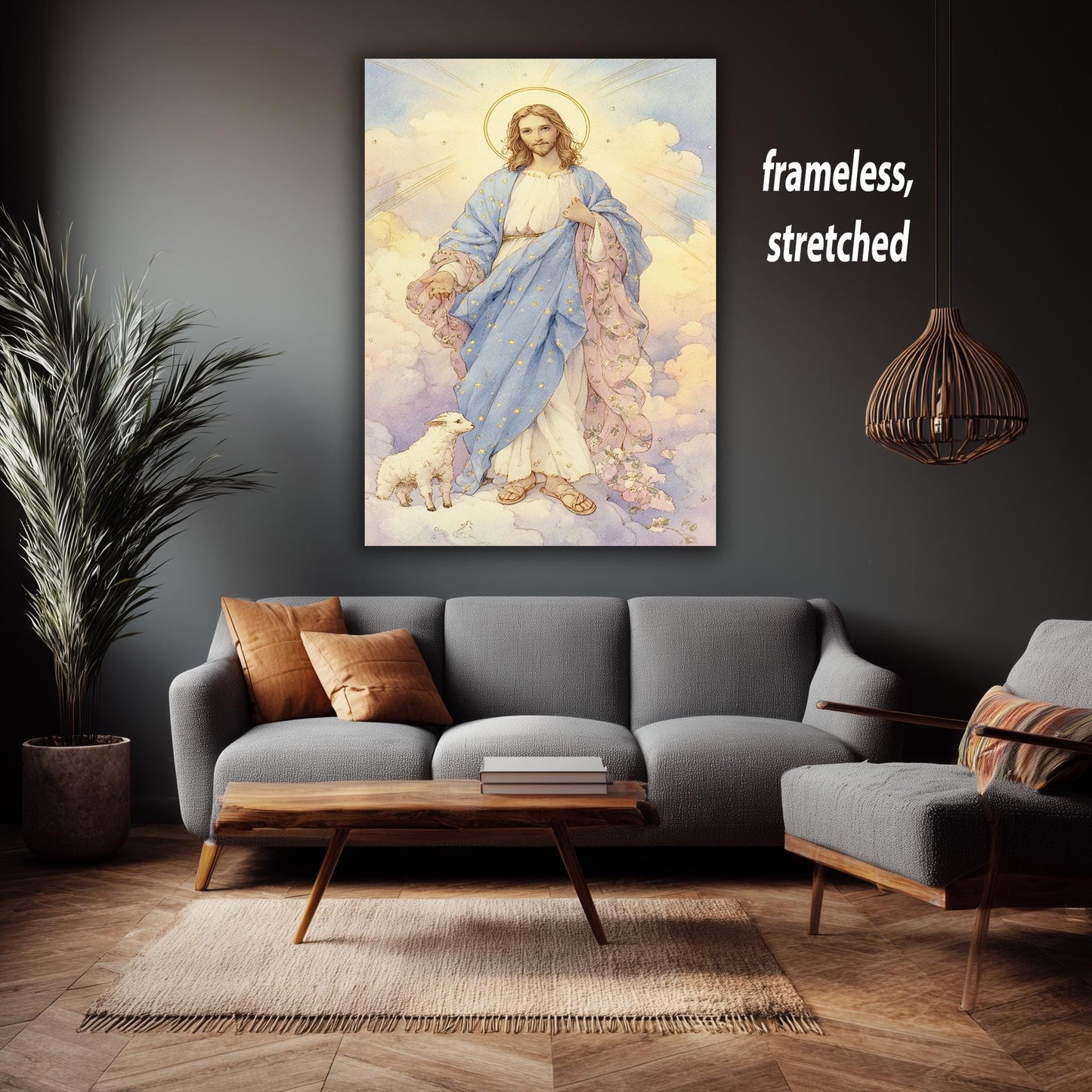 Whimsical Jesus Christ Illustration with Lamb in Pastel Clouds, Christian Storybook Style Print, Gentle Spiritual Wall Art for Nursery Room