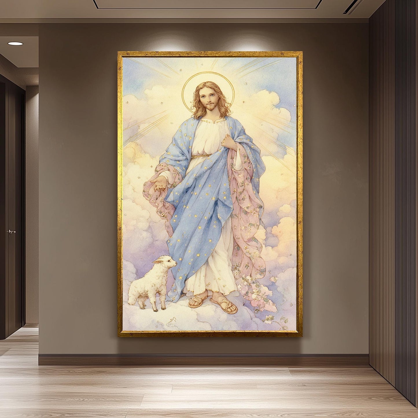 Whimsical Jesus Christ Illustration with Lamb in Pastel Clouds, Christian Storybook Style Print, Gentle Spiritual Wall Art for Nursery Room