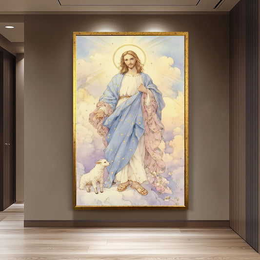 Whimsical Jesus Christ Illustration with Lamb in Pastel Clouds, Christian Storybook Style Print, Gentle Spiritual Wall Art for Nursery Room