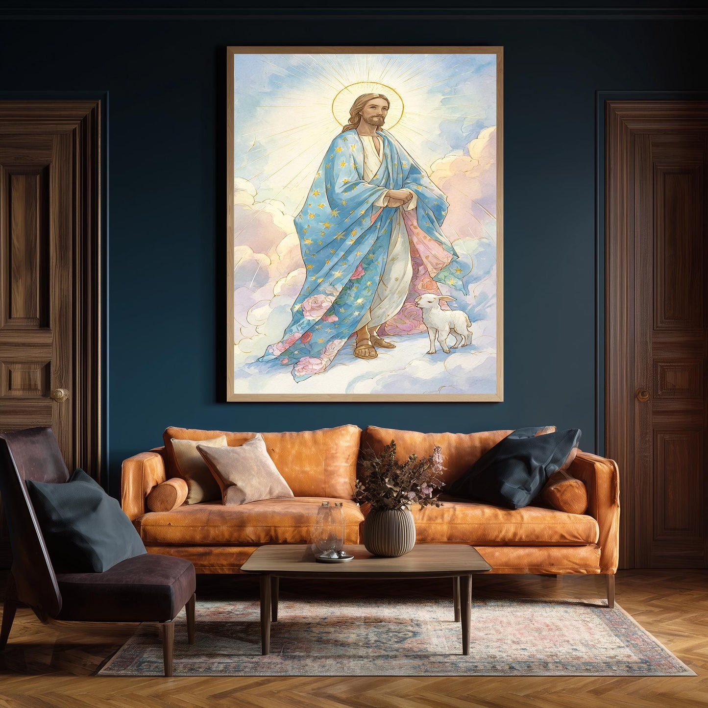 Heavenly Jesus Christ Art Print with Lamb in Blooming Clouds, Storybook Pastel Christian Illustration for Kids Room or Spiritual Decor