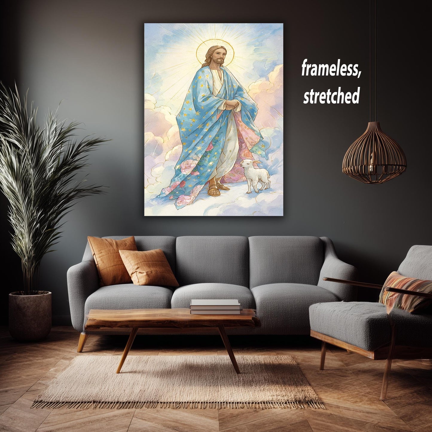 Heavenly Jesus Christ Art Print with Lamb in Blooming Clouds, Storybook Pastel Christian Illustration for Kids Room or Spiritual Decor