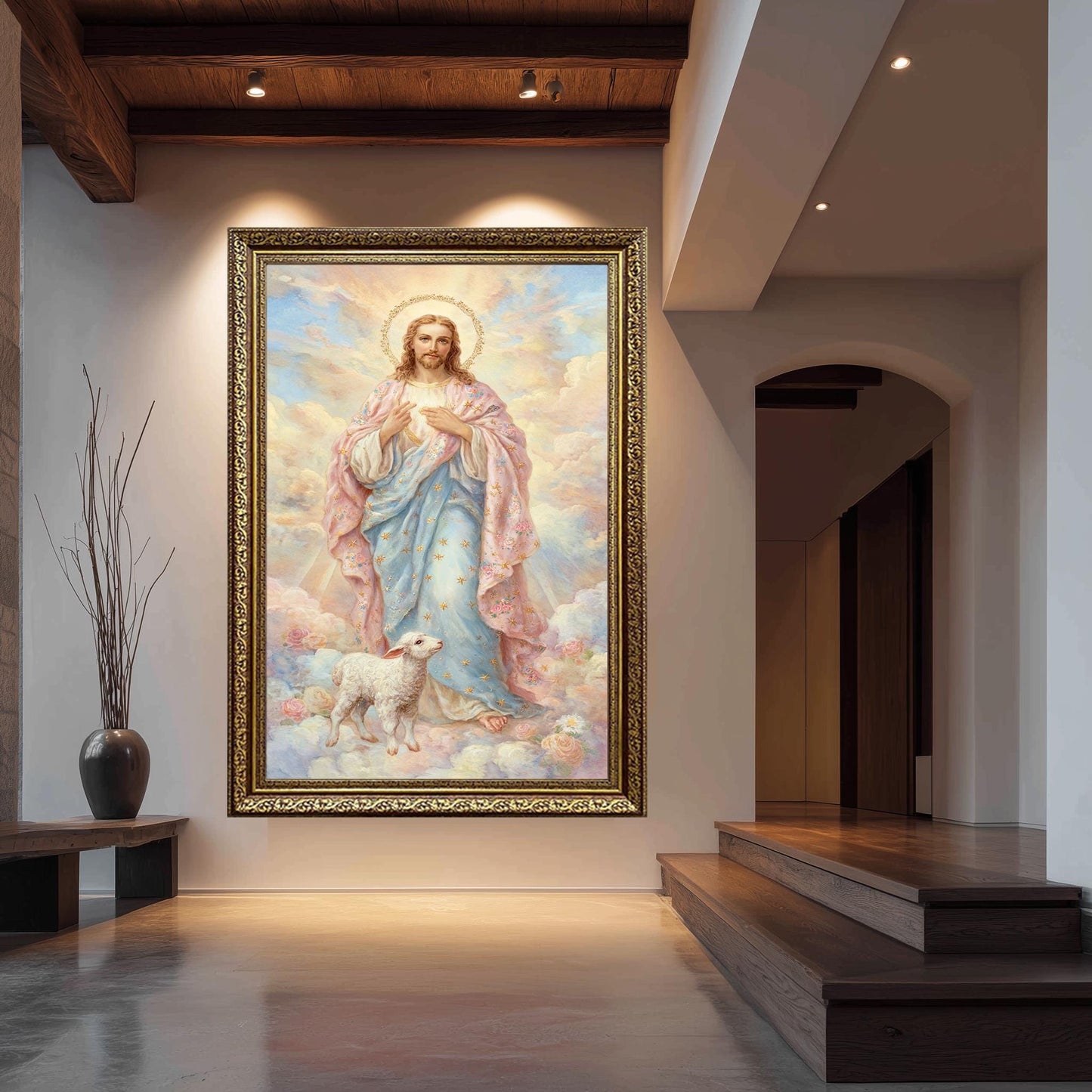 Pastel Jesus Christ Art Print with Golden Halo and Lamb, Soft Storybook Style Christian Wall Decor for Nursery or Faith-Inspired Gift