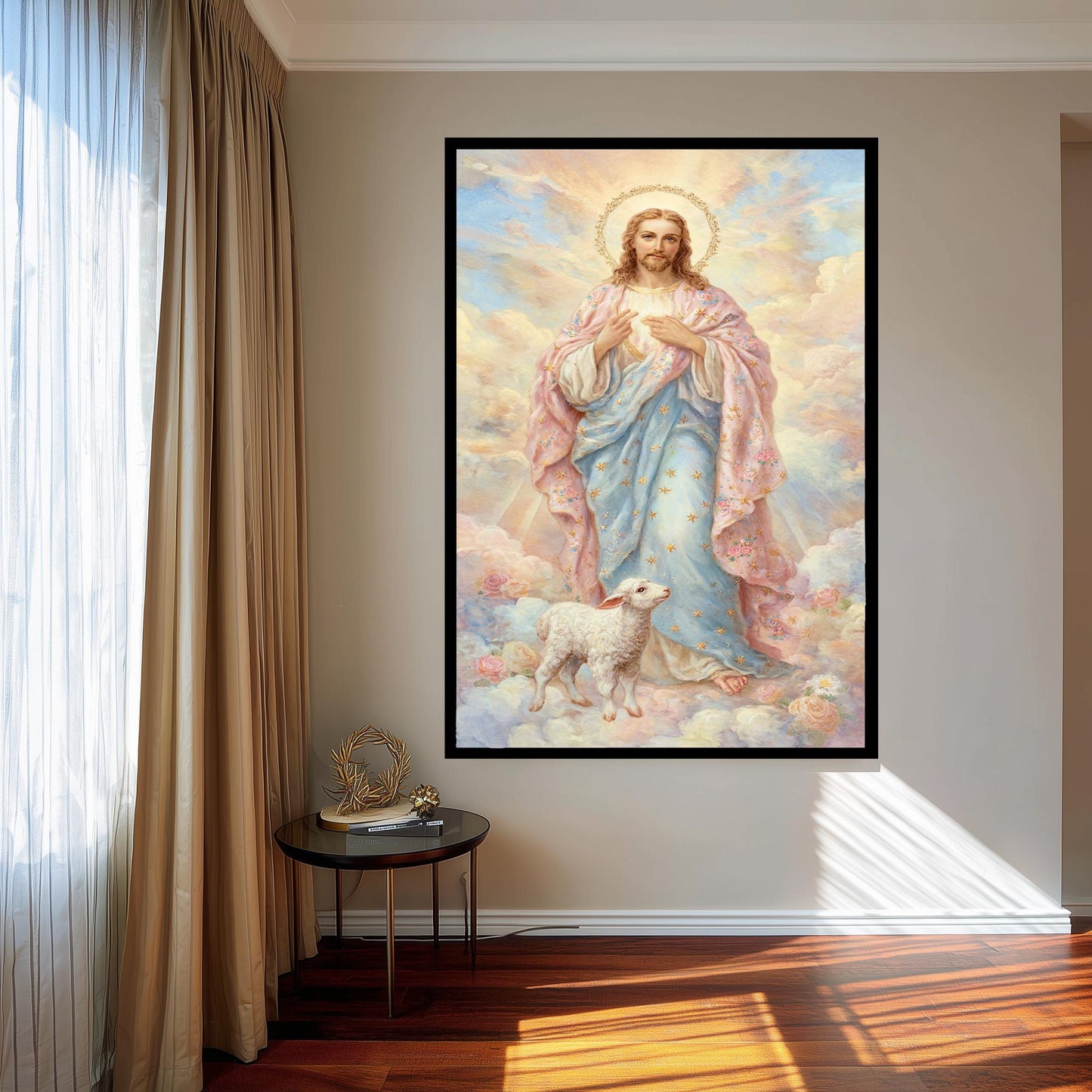 Pastel Jesus Christ Art Print with Golden Halo and Lamb, Soft Storybook Style Christian Wall Decor for Nursery or Faith-Inspired Gift