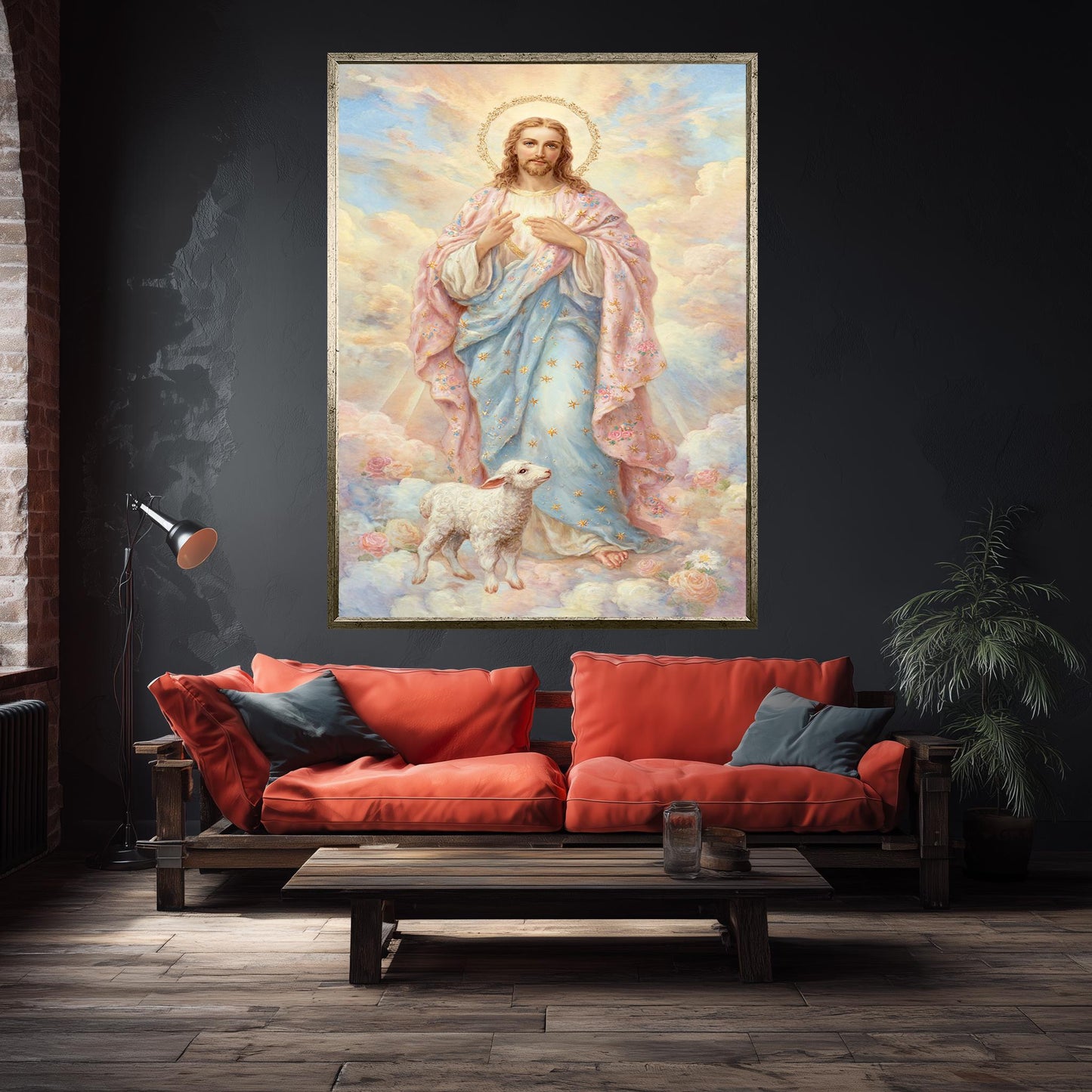 Pastel Jesus Christ Art Print with Golden Halo and Lamb, Soft Storybook Style Christian Wall Decor for Nursery or Faith-Inspired Gift