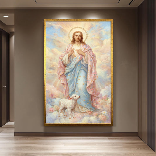 Pastel Jesus Christ Art Print with Golden Halo and Lamb, Soft Storybook Style Christian Wall Decor for Nursery or Faith-Inspired Gift