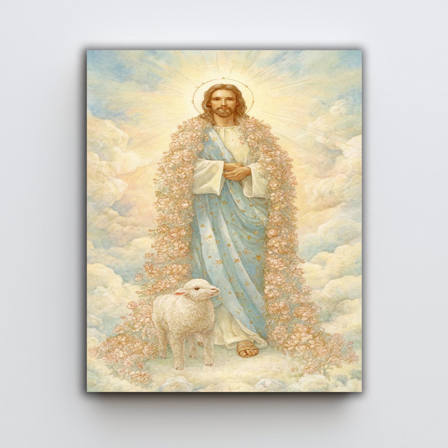 Jesus Christ Wall Art Print Pastel Storybook Style with Lamb and Floral Robe Spiritual Christian Decor for Nursery or Prayer Room Jesus Art