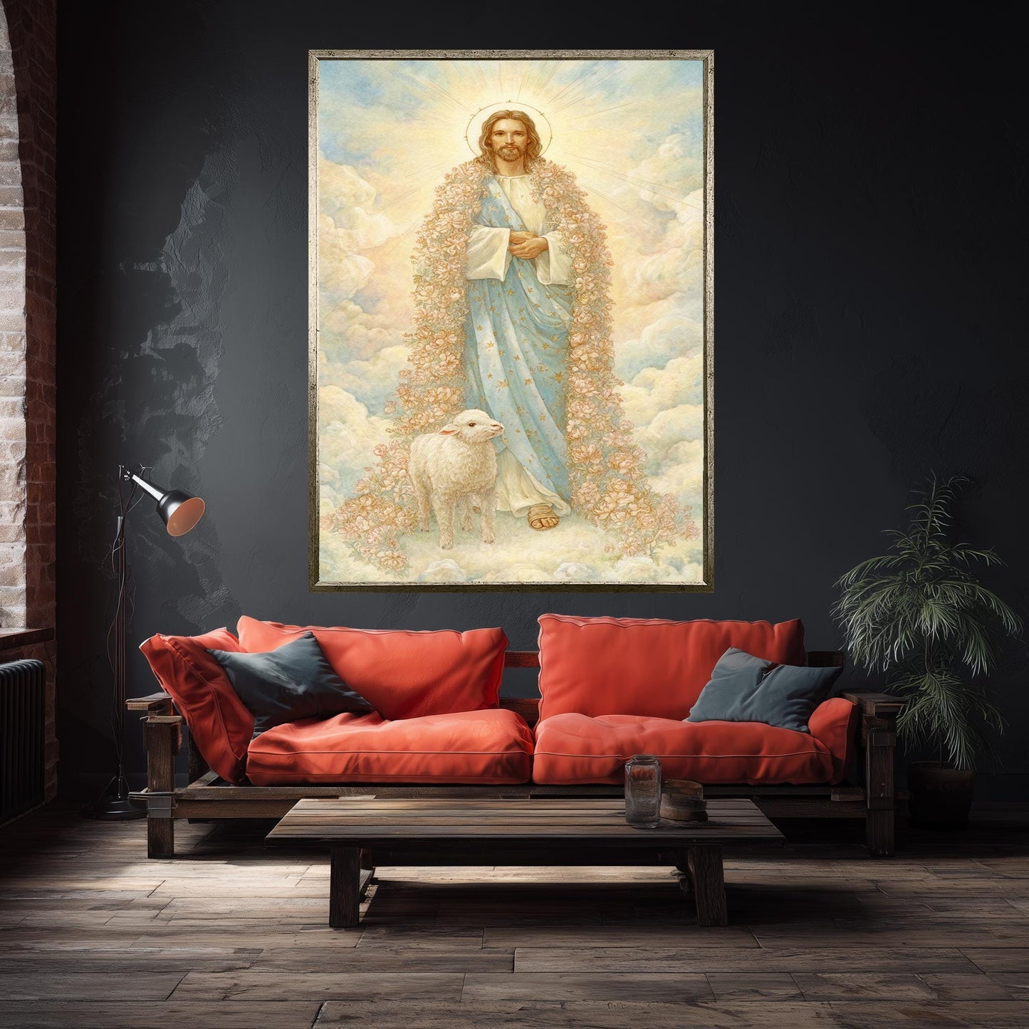 Jesus Christ Wall Art Print Pastel Storybook Style with Lamb and Floral Robe Spiritual Christian Decor for Nursery or Prayer Room Jesus Art