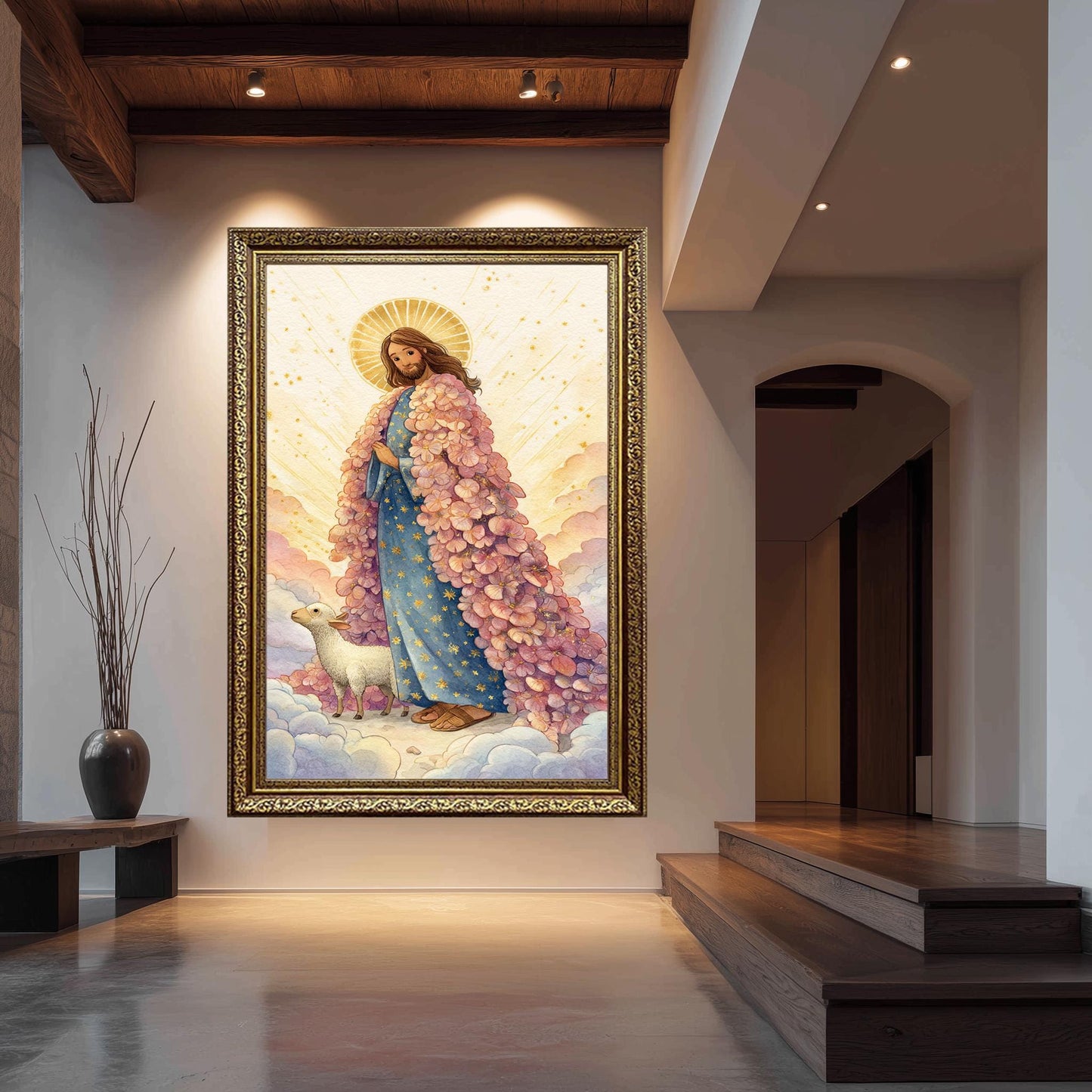 Jesus Christ Art Print in Pastel Storybook Style with Pink Floral Robe and Lamb Christian Wall Decor for Nursery or Prayer Room Jesus Canvas