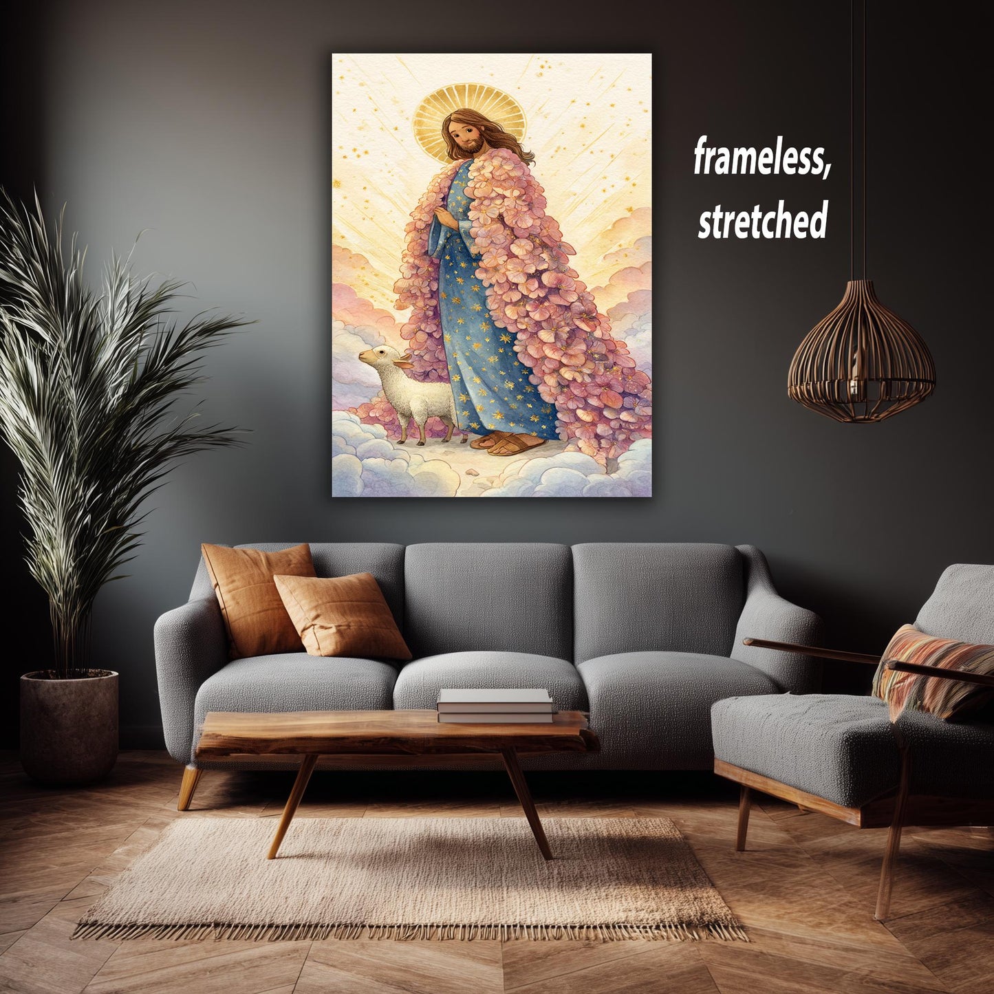 Jesus Christ Art Print in Pastel Storybook Style with Pink Floral Robe and Lamb Christian Wall Decor for Nursery or Prayer Room Jesus Canvas