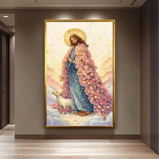 Jesus Christ Art Print in Pastel Storybook Style with Pink Floral Robe and Lamb Christian Wall Decor for Nursery or Prayer Room Jesus Canvas