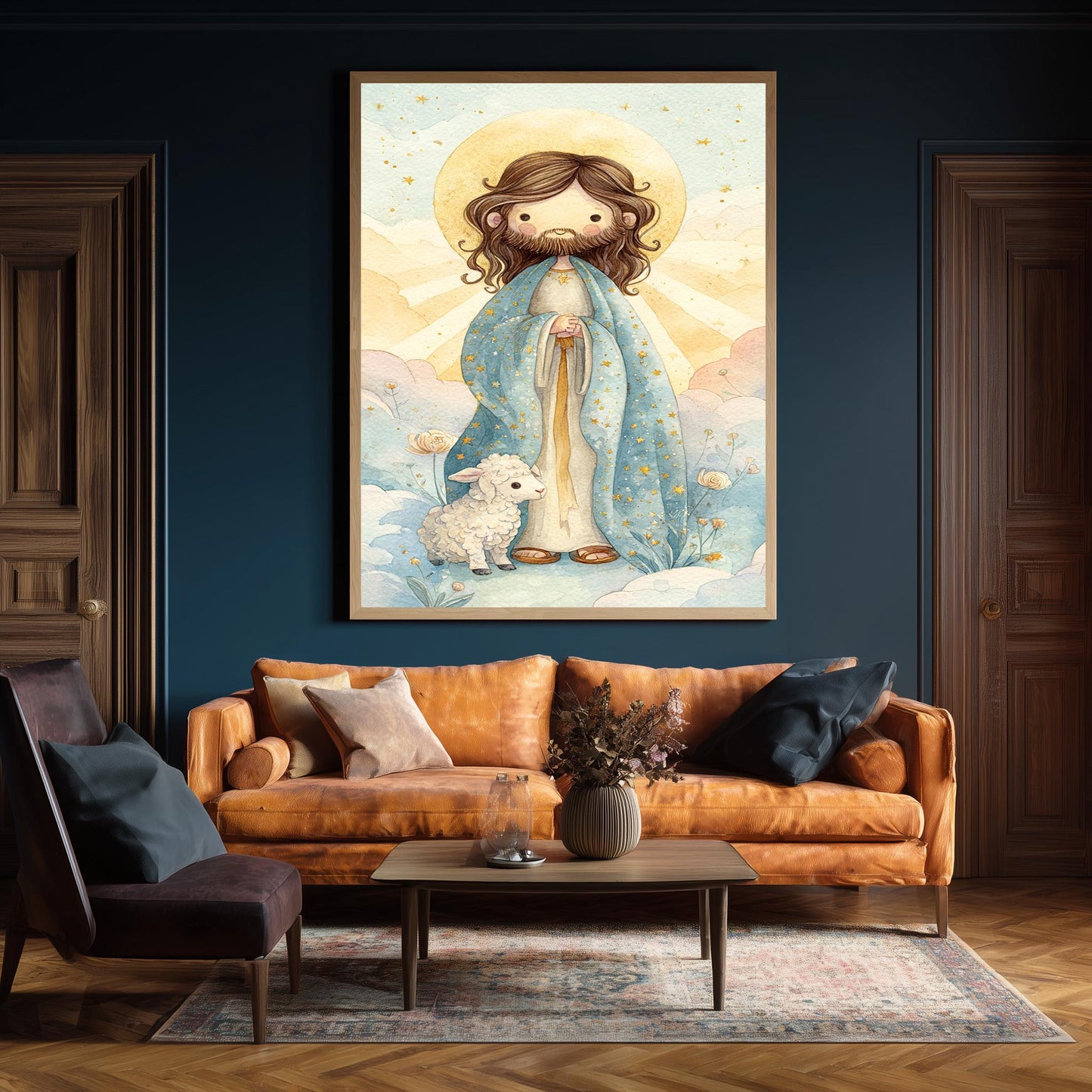 Cute Jesus Christ Storybook Art Print with Star Robe and Lamb Pastel Christian Nursery Decor for Kids Room or Baby Gift Wall Art Baby Jesus