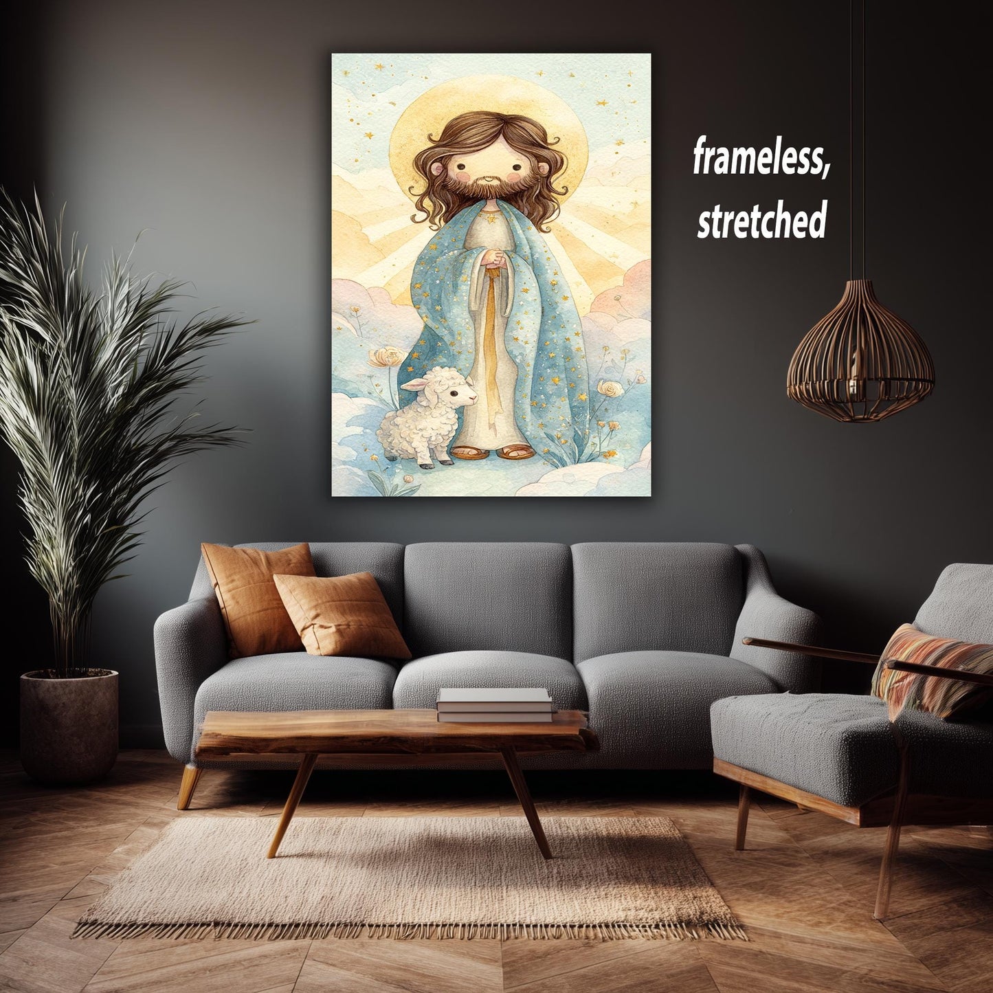 Cute Jesus Christ Storybook Art Print with Star Robe and Lamb Pastel Christian Nursery Decor for Kids Room or Baby Gift Wall Art Baby Jesus