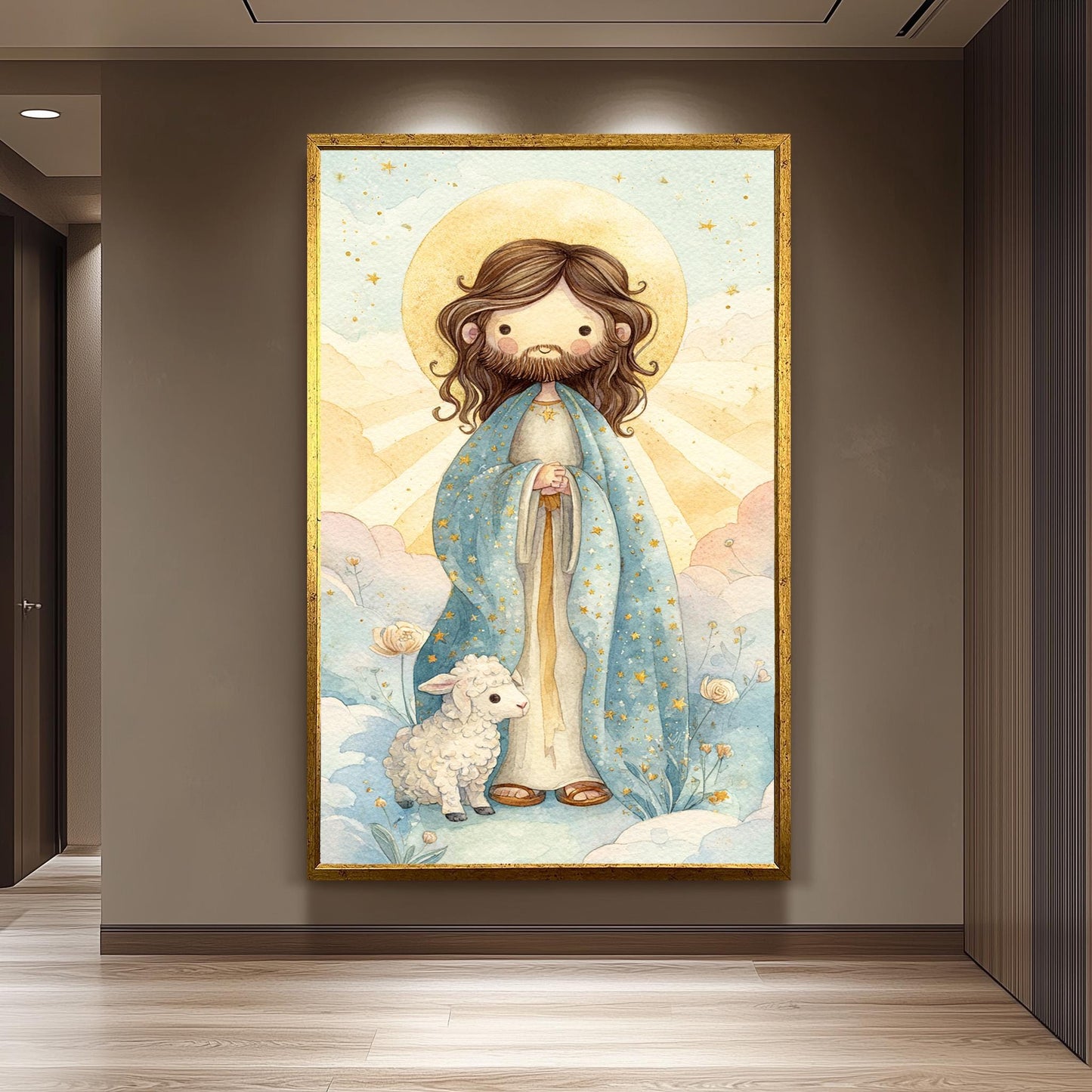 Cute Jesus Christ Storybook Art Print with Star Robe and Lamb Pastel Christian Nursery Decor for Kids Room or Baby Gift Wall Art Baby Jesus