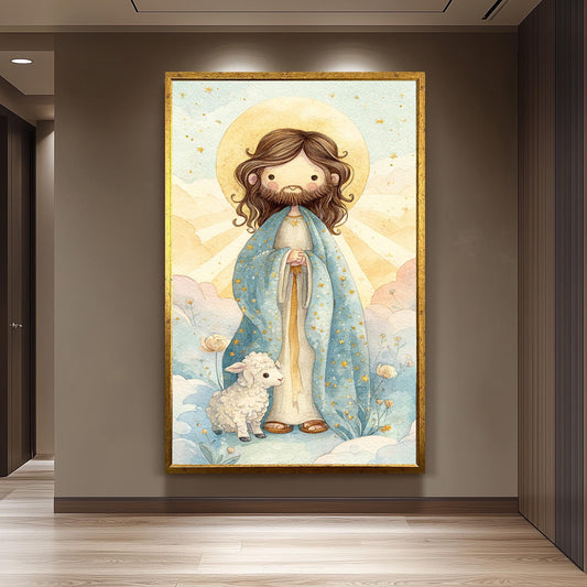 Cute Jesus Christ Storybook Art Print with Star Robe and Lamb Pastel Christian Nursery Decor for Kids Room or Baby Gift Wall Art Baby Jesus