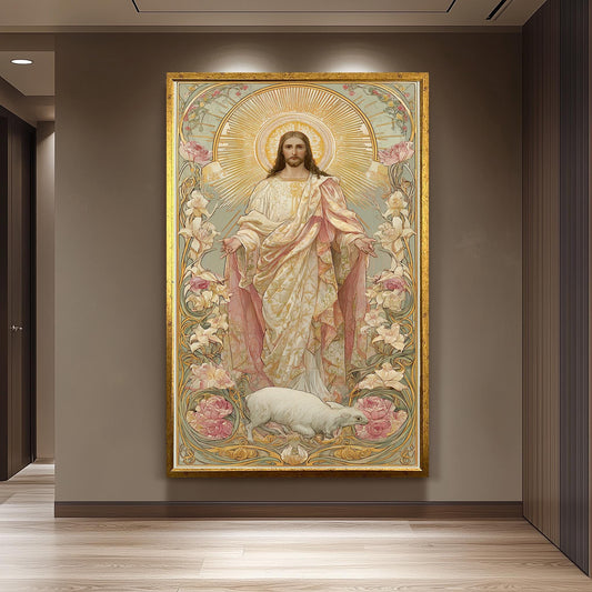 Art Nouveau Jesus Christ Wall Art Print with Lamb and Floral Motif Vintage Style Christian Decor for Sacred Spaces and Prayer Rooms