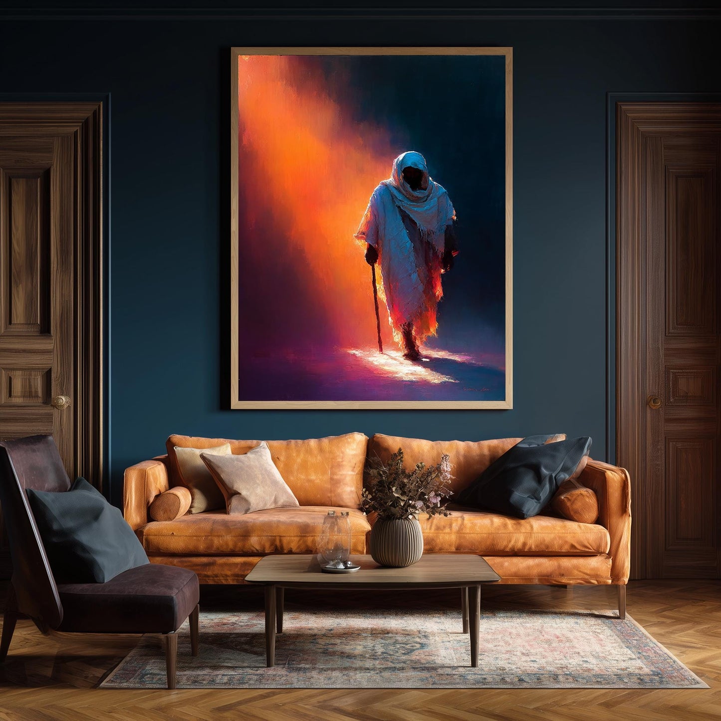 Jesus Walking in Light Modern Abstract Christian Painting Spiritual Wall Art in Warm Tones of Faith and Hope for Prayer Room or Home