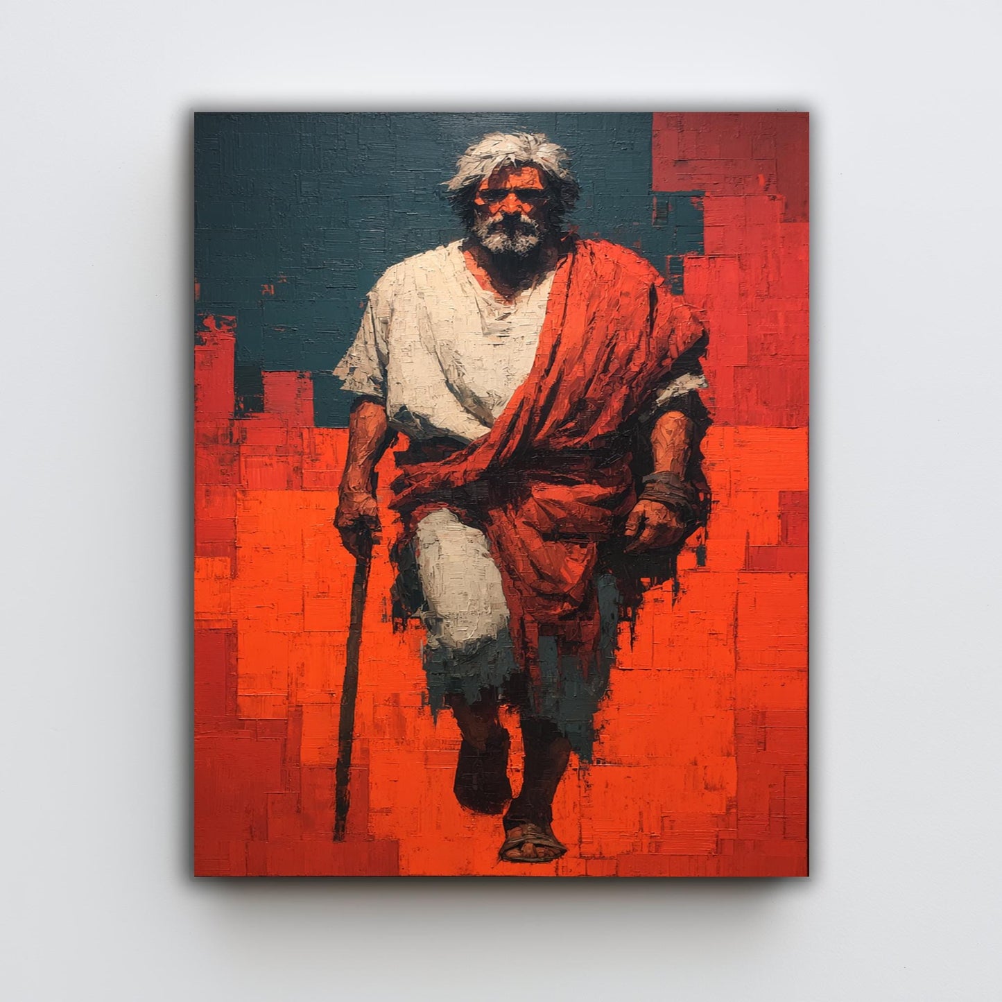 Bold Abstract Jesus Walking Painting in Red and Blue Modern Christian Wall Art Print for Faith-Inspired Homes or Prayer Room Decor
