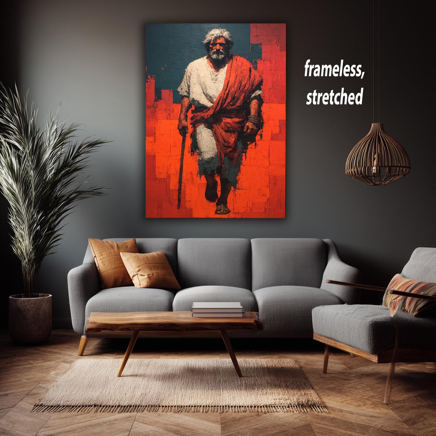 Bold Abstract Jesus Walking Painting in Red and Blue Modern Christian Wall Art Print for Faith-Inspired Homes or Prayer Room Decor