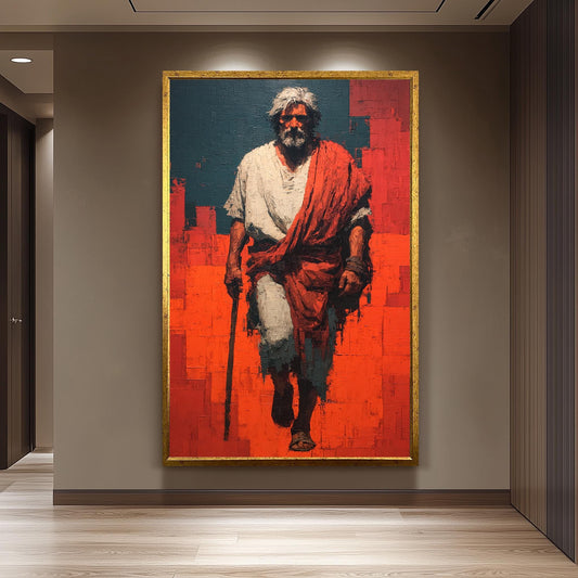 Bold Abstract Jesus Walking Painting in Red and Blue Modern Christian Wall Art Print for Faith-Inspired Homes or Prayer Room Decor