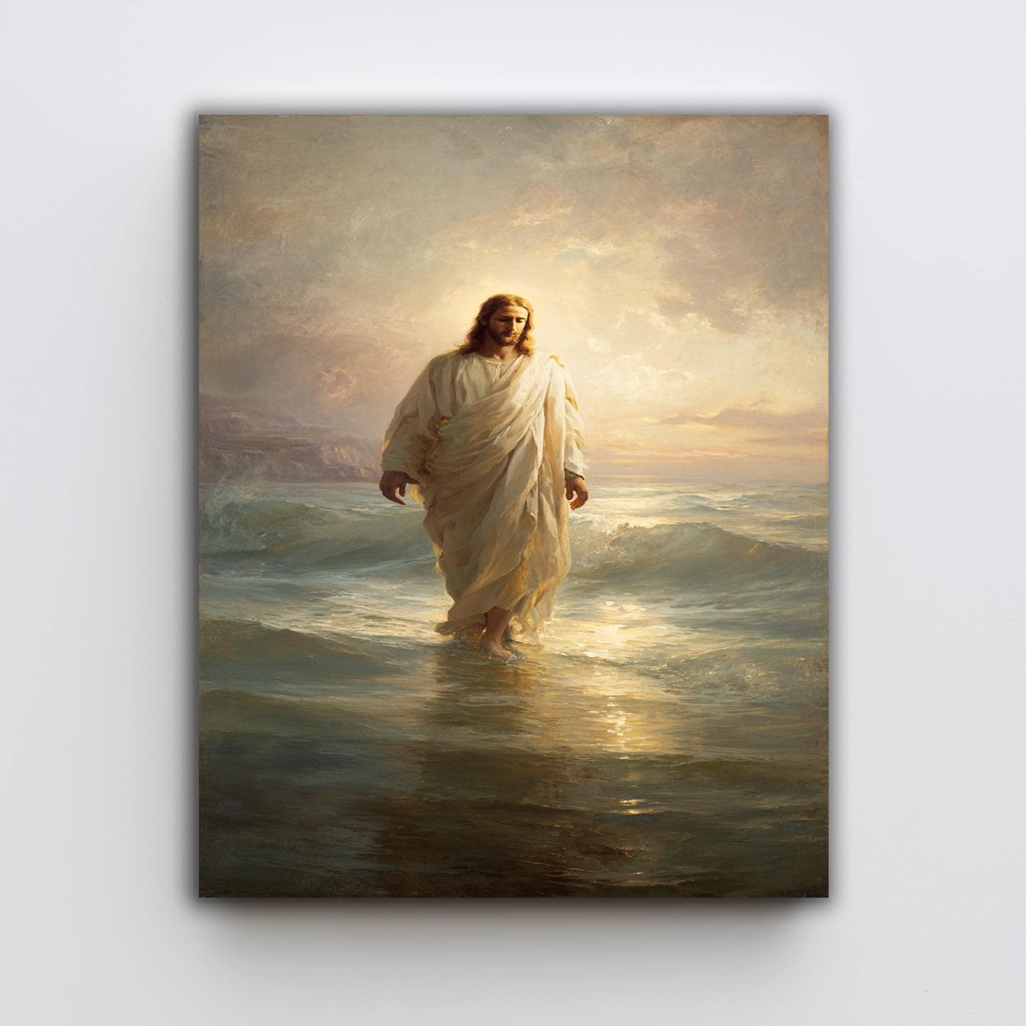 Jesus Walking on Water Classical Religious Painting Faith Wall Art Print in Golden Light for Christian Home Decor or Prayer Room Jesus Art