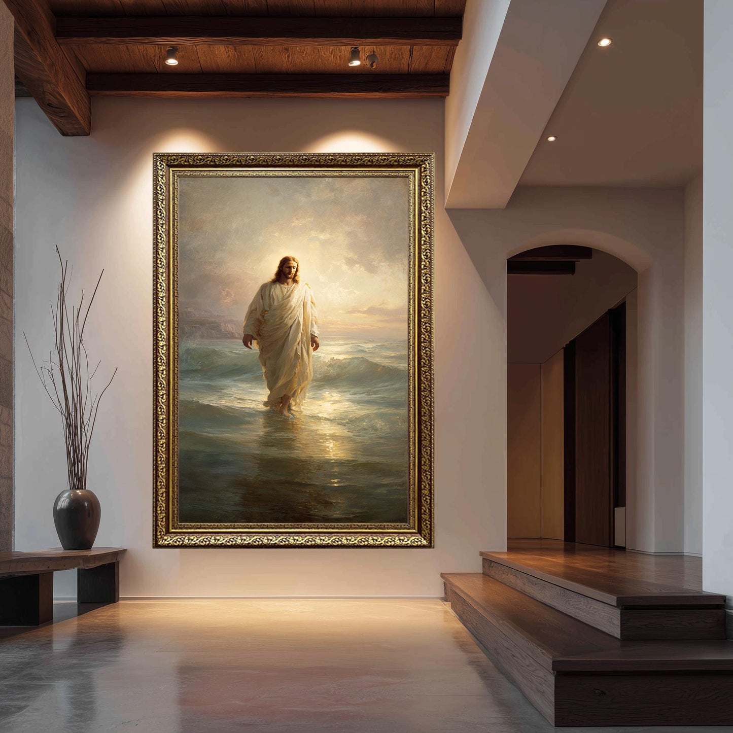 Jesus Walking on Water Classical Religious Painting Faith Wall Art Print in Golden Light for Christian Home Decor or Prayer Room Jesus Art