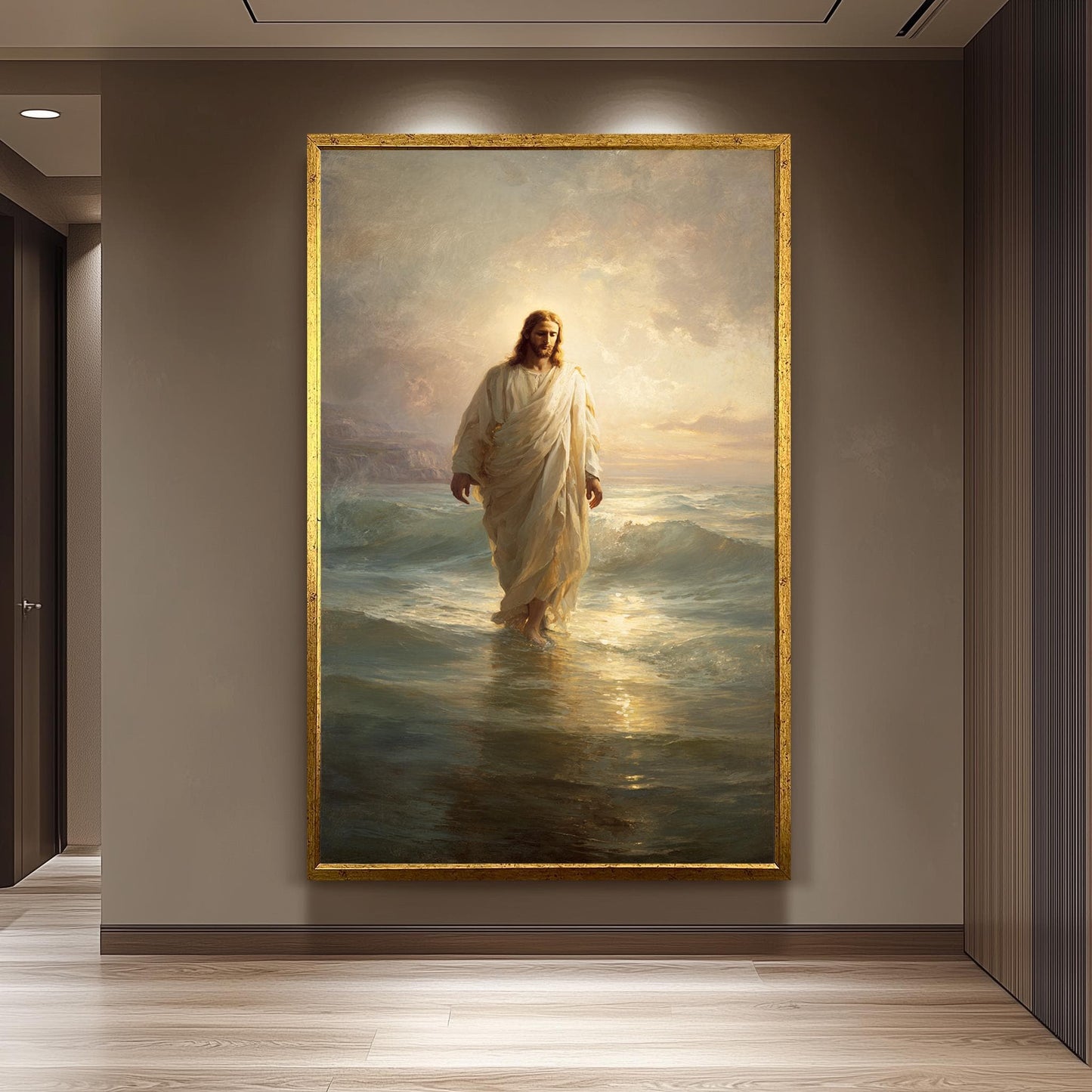 Jesus Walking on Water Classical Religious Painting Faith Wall Art Print in Golden Light for Christian Home Decor or Prayer Room Jesus Art