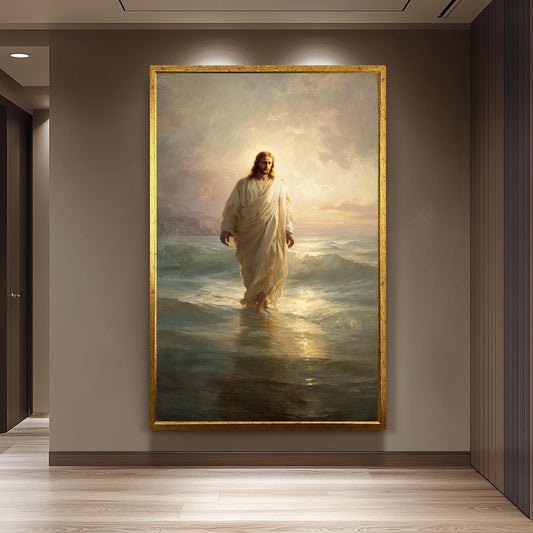 Jesus Walking on Water Classical Religious Painting Faith Wall Art Print in Golden Light for Christian Home Decor or Prayer Room Jesus Art