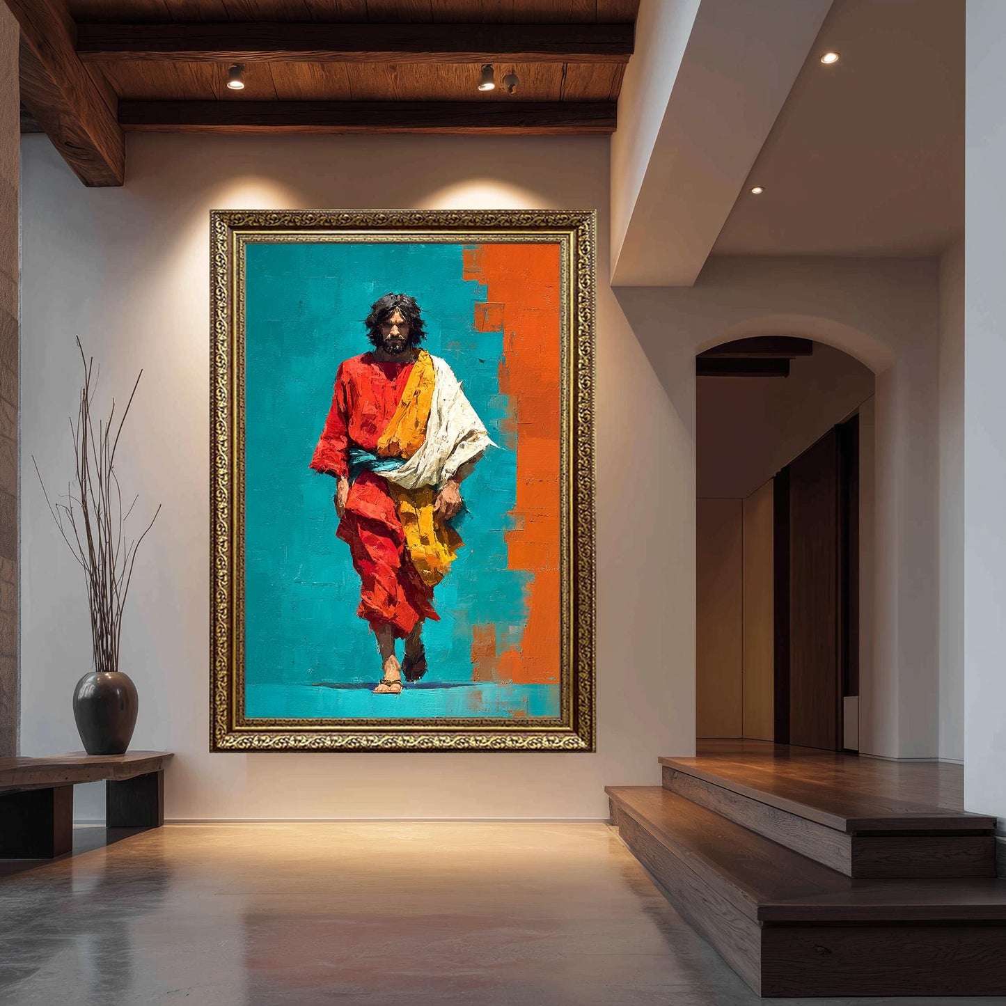 Vibrant Abstract Jesus Walking Painting in Red and Teal Bold Christian Wall Art Print for Modern Faith Decor or Prayer Room Display